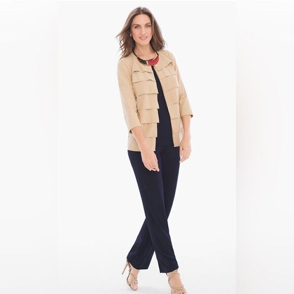 CHICO’S TRAVELERS COLLECTION SIZE (1) M CAMEL TAN FAUX SUEDE TIERED JACKET - Picture 1 of 9